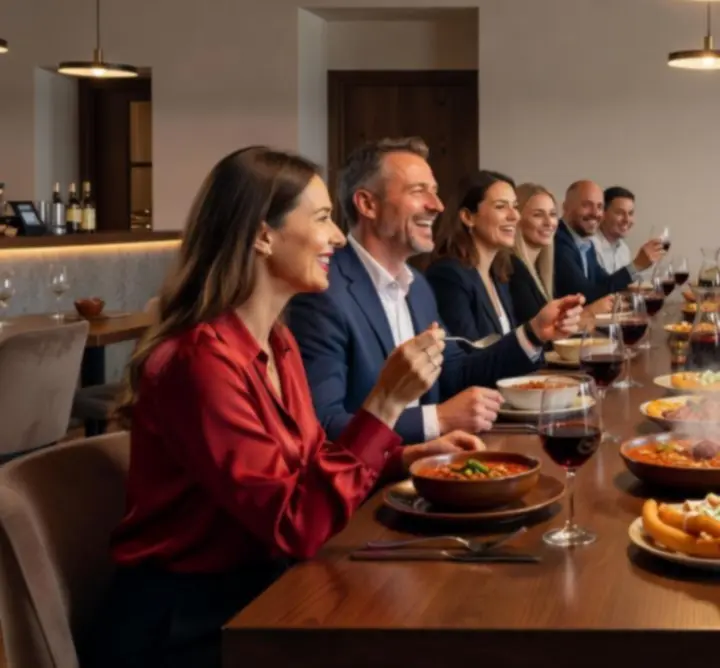 Mosolygó vendégek elegáns vacsorán a Magyar Lounge Hubban