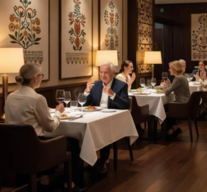 Elegáns magyar étterem belső tér arany és sötét tónusokkal