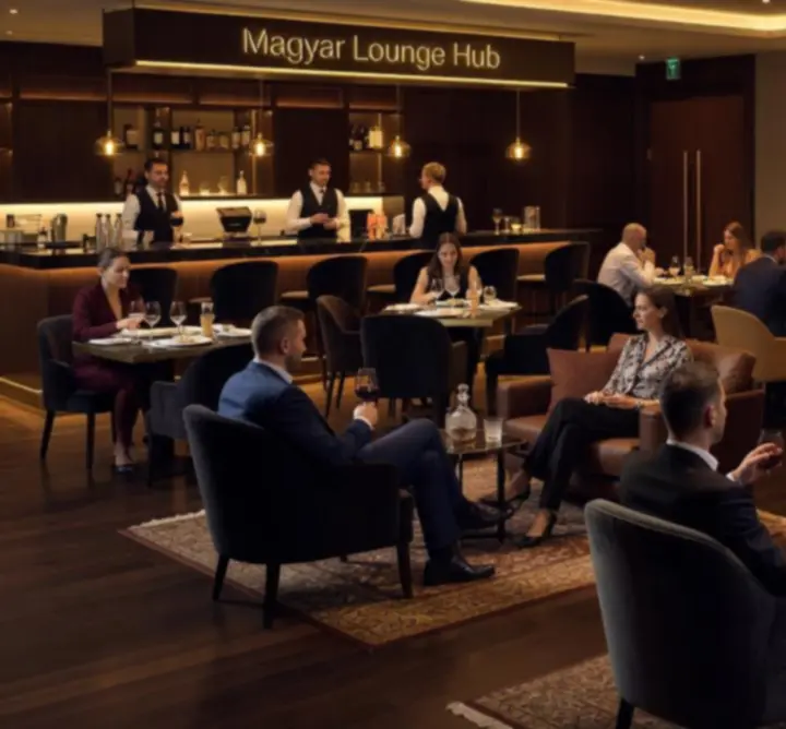 Elegáns lounge tér, asztaloknál vacsorázó és pókerző vendégek