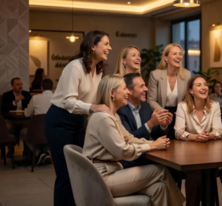 Boldog vendégek, akik közös pillanatot ünnepelnek a Magyar Lounge Hubban