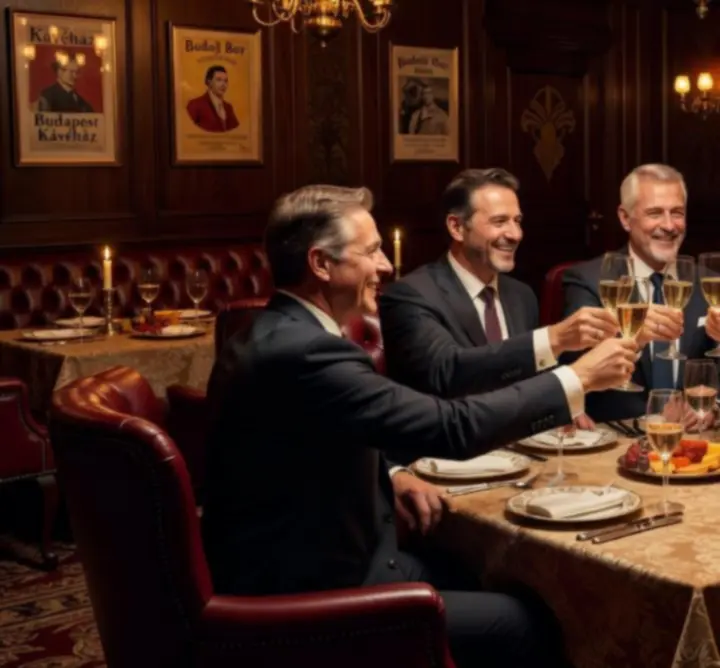 Vendégek koccintanak egy meghitt vacsora során a Magyar Lounge Hubban