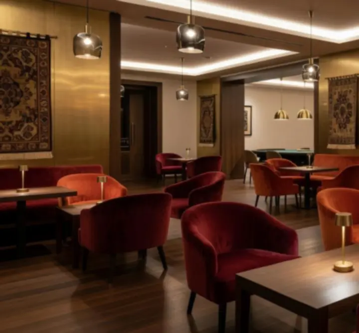 A Magyar Lounge Hub elegáns belső tere, bárpulttal és lounge ülésekkel