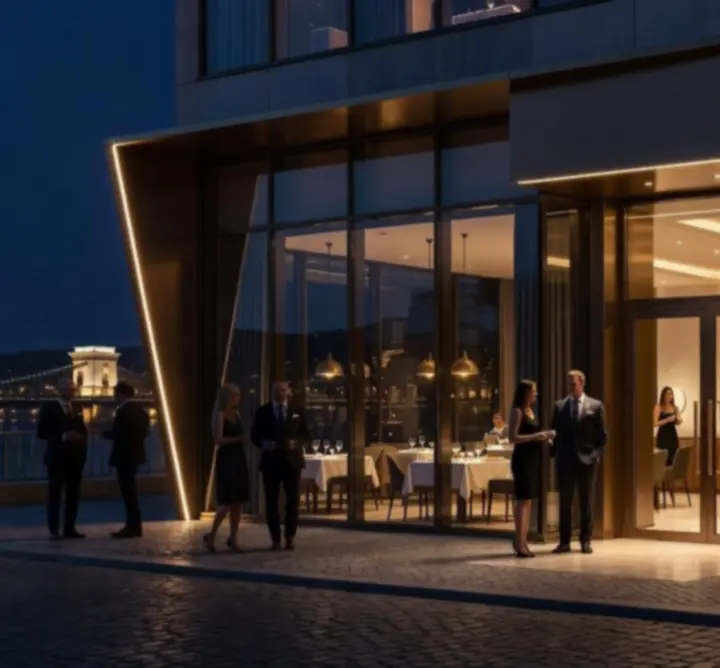 A Magyar Lounge Hub elegáns, esti bejárata Budapesten