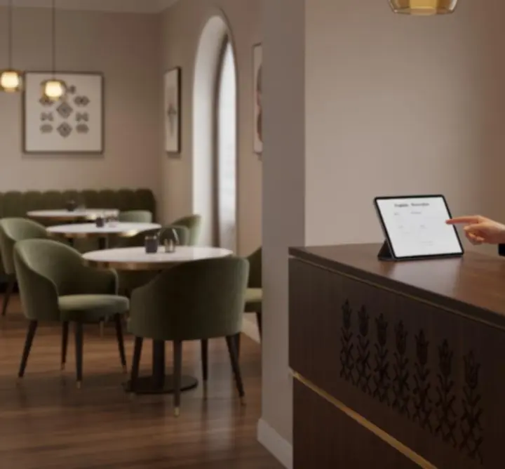 Modern éttermi foglalási pult elegáns hangulattal