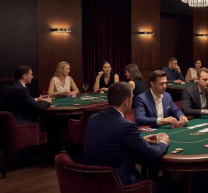 Modern, exkluzív poker lounge hangulatos fényekkel és professzionális asztalokkal.