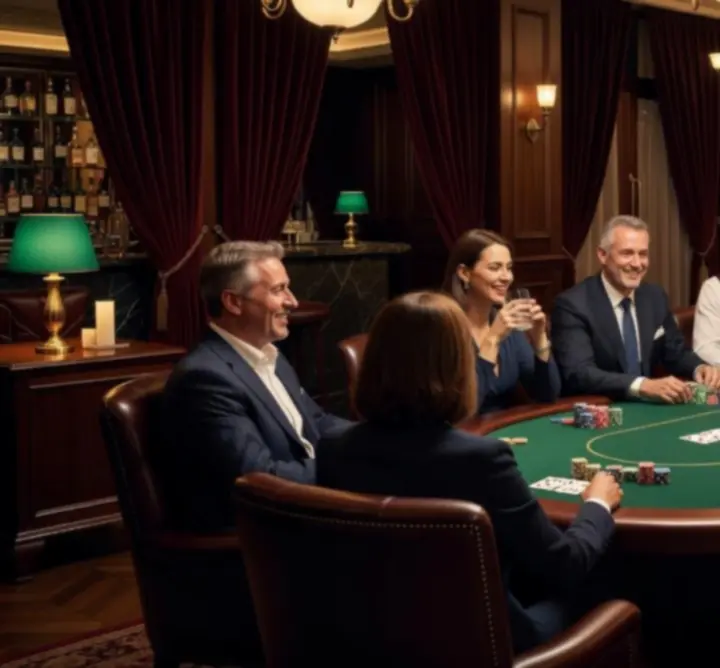 Vendégek mosolyognak egy pókerasztalnál a Magyar Lounge Hub Poker Lounge-ban