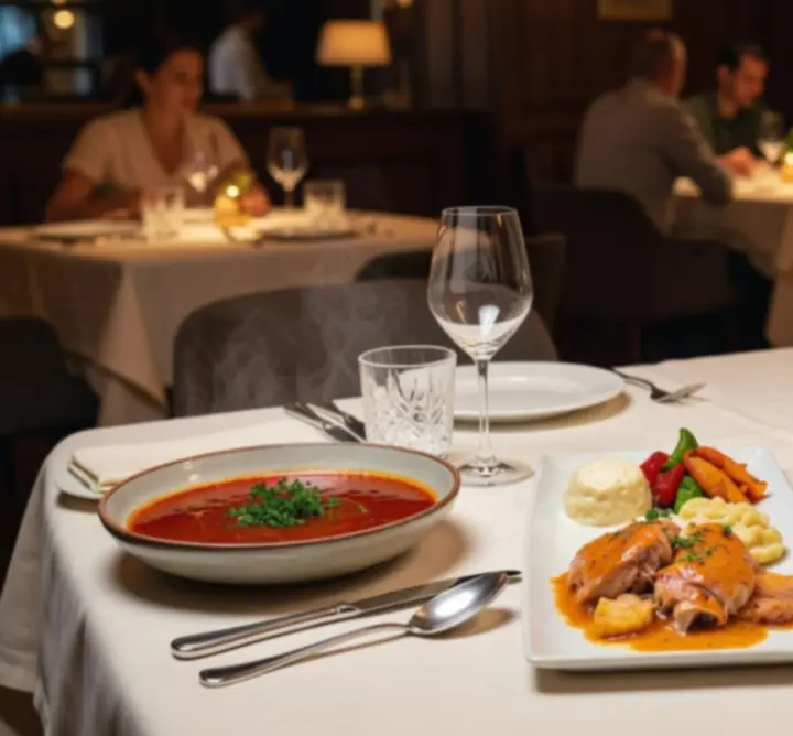 Modern tálalású magyar fogás elegáns éttermi környezetben